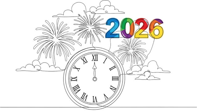 Minimalist Line Art Clock at Midnight with Abstract Fireworks and 2026 Text &ndash; Happy New Year Countdown