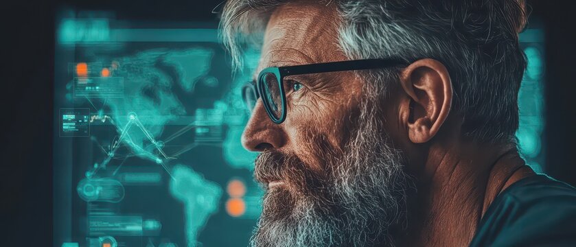 Man with glasses examines global financial data interface, representing fintech innovation and digital currency trends.