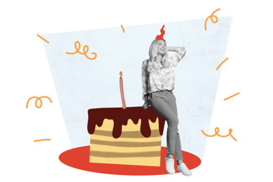 Composite trend artwork sketch image collage of happy birthday celebration party holiday anniversary aged woman sit piece cake sweet