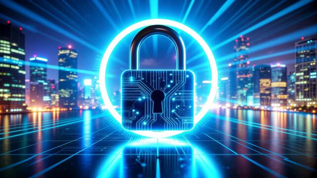 Motion graphic of a glowing digital padlock symbolizing cybersecurity and data protection in a futuristic cityscape at night with neon lights. - Powered by Adobe