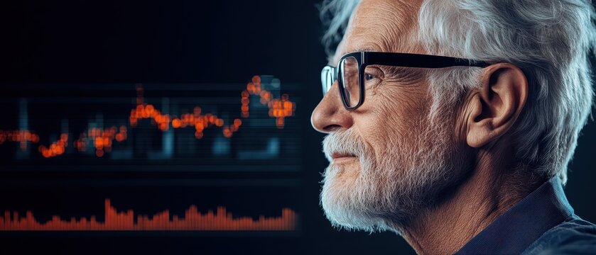 Senior man gazes at glowing digital financial charts, symbolizing fintech innovation and market analysis.