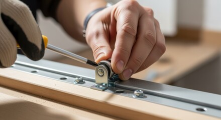 Hands fitting new metal rollers onto a closet door frame focusing on hardware precision and craftsmanship.