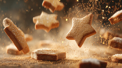 Photorealistic close-up of gingerbread cookies and star-shaped sugar biscuits spinning in mid-air, cinnamon dust swirling around, warm festive glow, soft cinematic backlight
