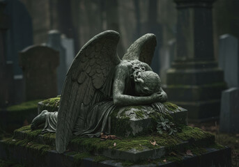 Statue of weeping angel in cemetery