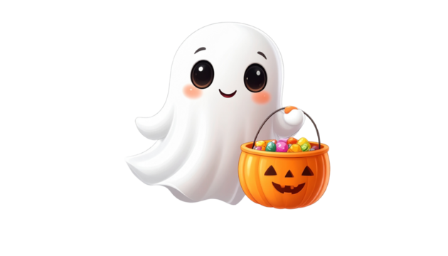 Floating Ghost Carrying Pumpkin Candy Bucket, Isolated PNG