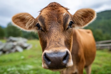 Close-up of a curious brown cow with large eyes and prominent nose outdoors