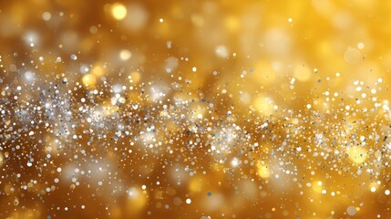 Snowfall with glowing silver bokeh light effects on a bold golden background. Soft atmospheric glow, realistic texture.