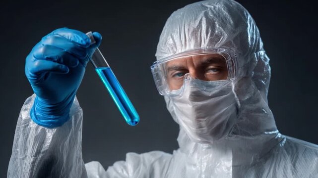 Intrigued Investigator with Test Tube: A focused investigator, swathed in protective gear, holds a test tube of vibrant blue liquid, encapsulating the essence of scientific inquiry and discovery.
