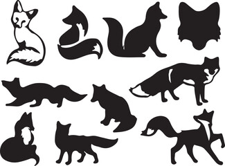 Fox Silhouette Collection – 11 Minimalist Black Animal Icons in Various Poses for Nature Branding, Tattoos, Decorative Design, and Wildlife Illustration