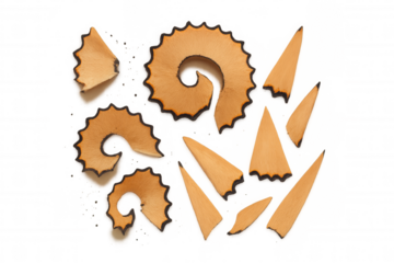 Pencil shavings creating shapes with spiral and pointed wood pieces, school and art supplies, transparent background