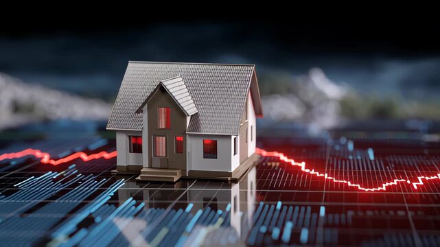 Housing market risk illustrated by two model houses on a digital graph surface depicting 2025 bubble threat from a close-up viewpoint
