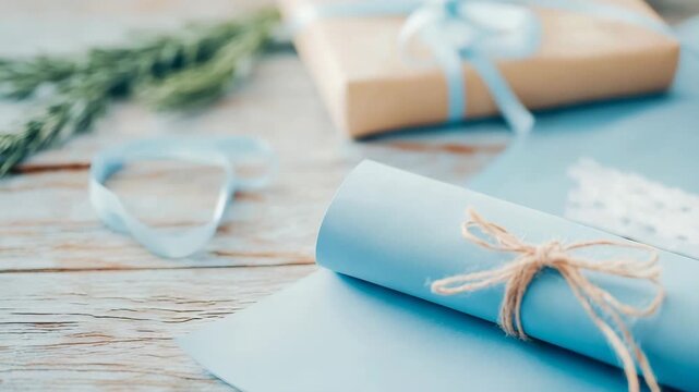Gentle composition of crafting essentials including light blue scroll tied with natural twine, set alongside wrapped present and ribbon on pale wooden surface