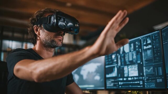 Man with VR headset in a Tech Environment: A man in a cutting-edge VR headset, interacting with virtual elements, set against the backdrop of advanced technological interfaces and computing screens.