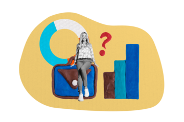 Composite photo collage of happy businesswoman sit plasticine briefcase chart development question sign isolated on painted background