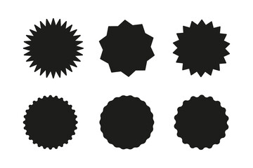 Blank sale stickers. Wavy black edge promo badges, Circle discount stickers set. simple silhouette. Star burst shape tags for price. Flat vintage labels.