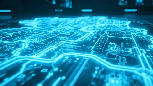 Abstract digital circuit board design with bright blue light patterns