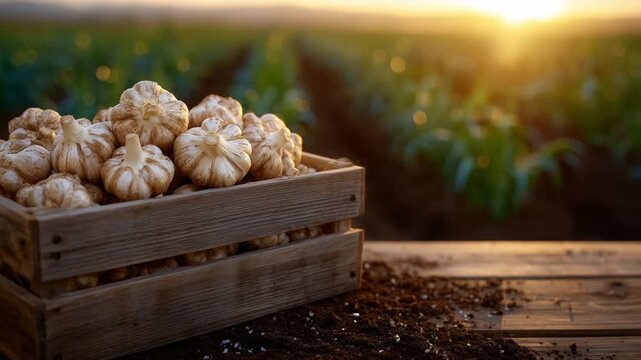 Rustic crate of freshly harvested garlic bulbs on a wooden table, with scattered soil and a softly blurred agricultural field in morning sunlight, creating a cozy farm aesthetic.
