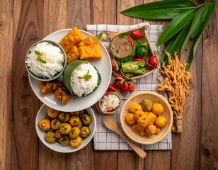 An array of colorful Southeast Asian cuisine arranged on wood