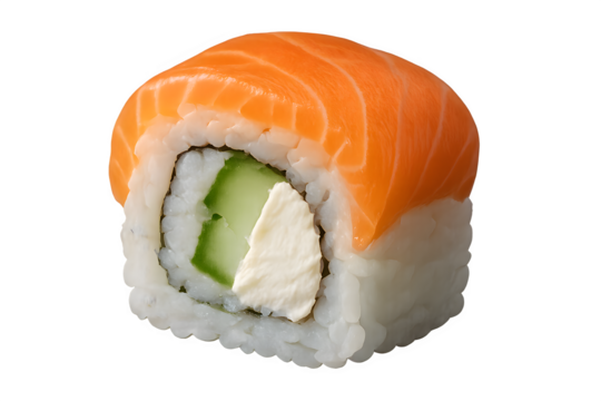 Fresh sushi roll with salmon rice and cucumber wrapped in seaweed isolated on white background japanese cuisine food concept perfect for menus restaurants and advertising