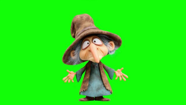 Happy halloween A whimsical cartoon witch with a large hat stands  green screen background, Ideal for Halloween themes seamless looping video motion 4k, children's content