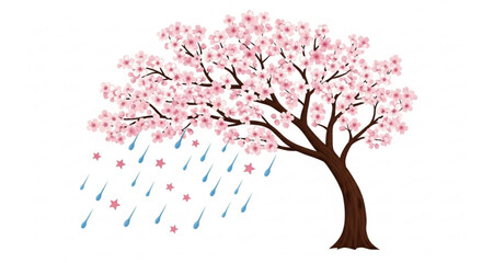Obraz premium Illustration of a cherry blossom tree with pink flowers and falling blue raindrops and pink stars art
