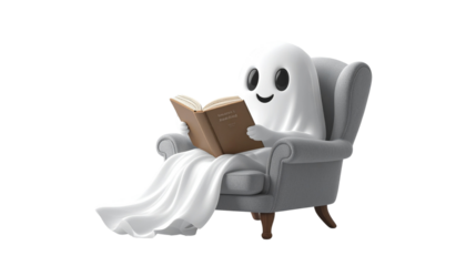 Whimsical Ghost in Armchair Enjoying a Book, Transparent PNG