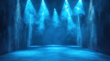 Blue light stage, spotlights, smoky room, empty space, interior design, professional, studio, photo, background, stock photo