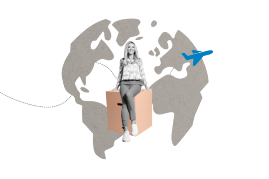 Composite photo collage of happy girl postal worker sit carton box map icon planer export shipment airplane isolated on painted background