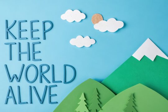 Paper craft landscape with Keep The World Alive message for environmental concept