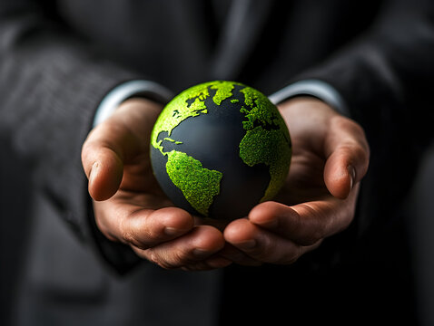 Businessman holding a small globe symbolizing environmental awareness, with a dark background emphasizing sustainability
