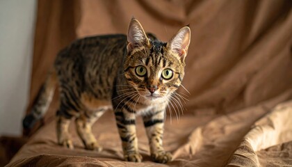 Bengal Cat Standing Alert with Striped Markings and Expressive Green Eyes on Brown Background, Studio Lighting, Cat Looking Directly at Camera