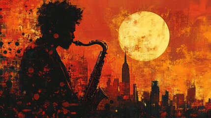Silhouette jazz musician NYC sunset