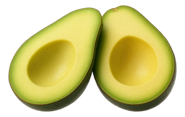 Two halves of a ripe avocado with smooth green flesh and a dark outer skin.