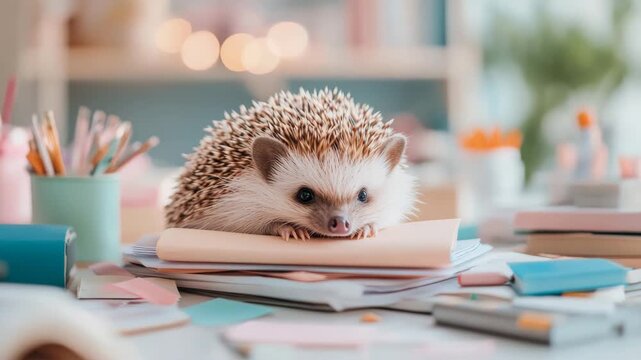 Adorable small hedgehog rests playfully upon neat stack of papers amidst brightly lit study setting