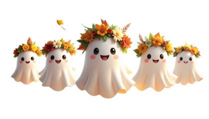  Adorable Ghost Characters with Fall Floral Crowns, Transparent PNG