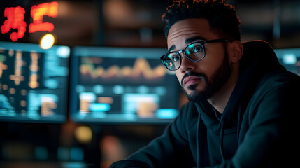 Focused young man in glasses analyzing data on multiple screens in a dimly lit tech workspace, surrounded by digital graphs