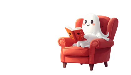  Cute Ghost Sitting on Chair Reading Book, Halloween PNG