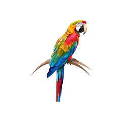 Colorful macaw perched on a branch, vibrant feathers displayed.