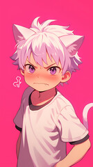 Cat ears boy oversized t-shirt when he is angry will scratch, Anime style