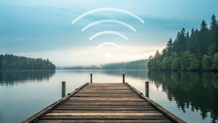 Fototapeta premium Serene Lake View with Dock and Digital 5G Signal Waves