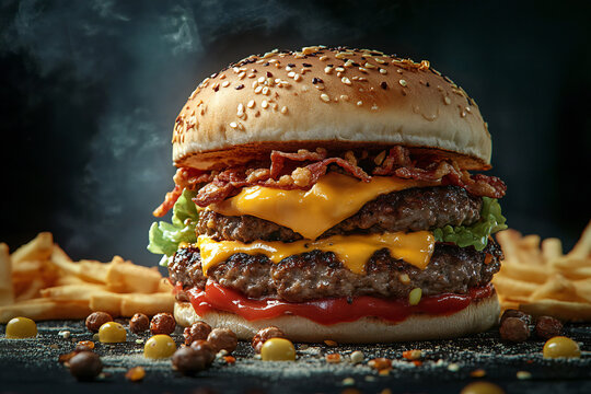 A mouthwatering gourmet double bacon cheeseburger with golden french fries a true culinary delight