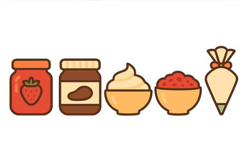 Jars of strawberry jam and chocolate spread alongside bowls of frosting, berry filling, and a pastry piping bag