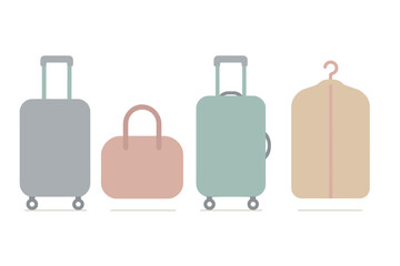 Minimalist set of travel luggage items including rolling suitcases and duffel bag