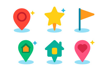 Set of colorful map location pins icons with star home and heart markers