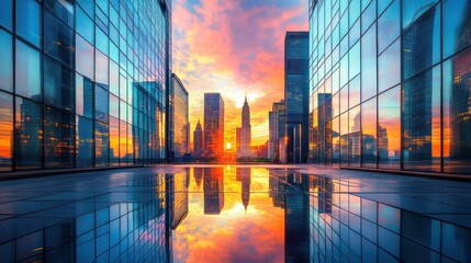 City sunset reflected in puddle between modern buildings