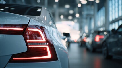 Fototapeta premium Close-up of a modern luxury car in a bright indoor showroom with other vehicles