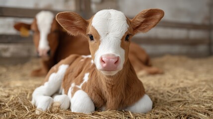 Fototapeta premium Cute Brown and White Calf Relaxing on Straw in Barn with Another Calf in Background, Capturing Innocence and Serenity of Farm Life