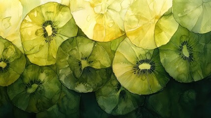Abstract kiwi slices, watercolor effect, vibrant colors