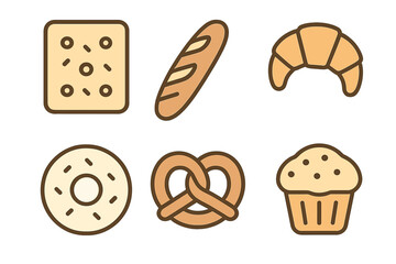 Set of stylized icons for various baked goods including croissant, donut, pretzel, and bread