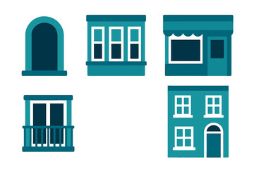 Set of stylized architectural facade elements including windows and building fronts